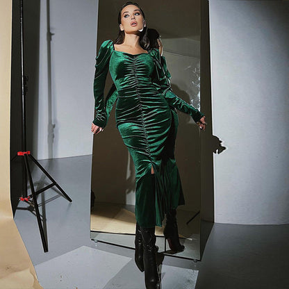 Ladies Elegant Long Sleeve Dress with Ruching and Pretty Square Neckline Chic and Style