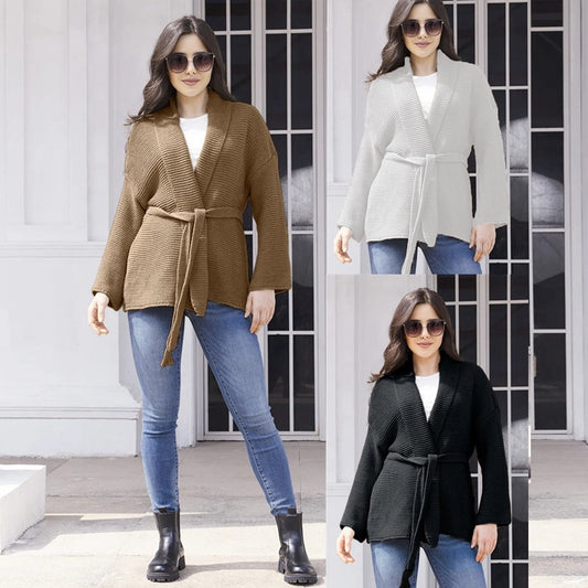 Cardigan tricot décontracté pour femmes avec ceinture à la taille et coutures d'épaules Chic und Stil