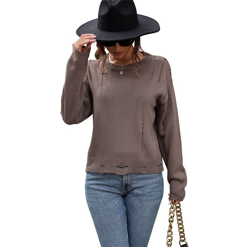Pull en tricot décontracté pour femme avec un look utilisé à la mode et un col rond Chic und Stil