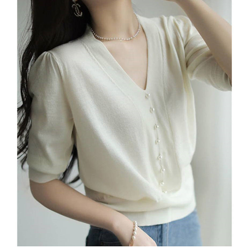 Blouse à col en V à boutons pour femmes avec perles décoratives Chic und Stil