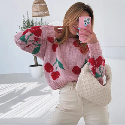 Pull décontracté pour femmes avec motif cerise fruité et tricot doux Chic und Stil