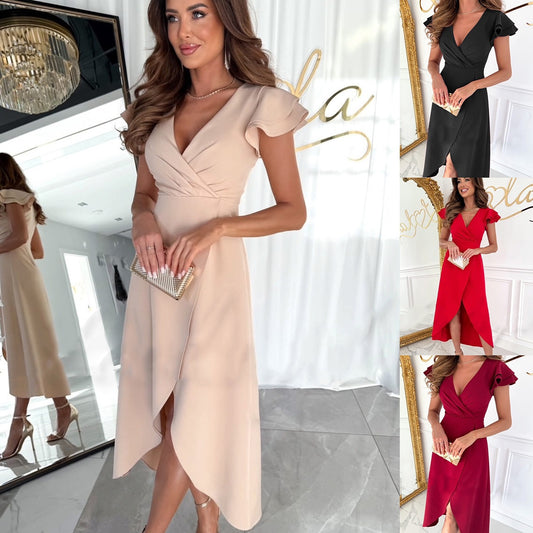 Robe midi élégante à encolure portefeuille pour femmes avec des manches à volants Chic und Stil