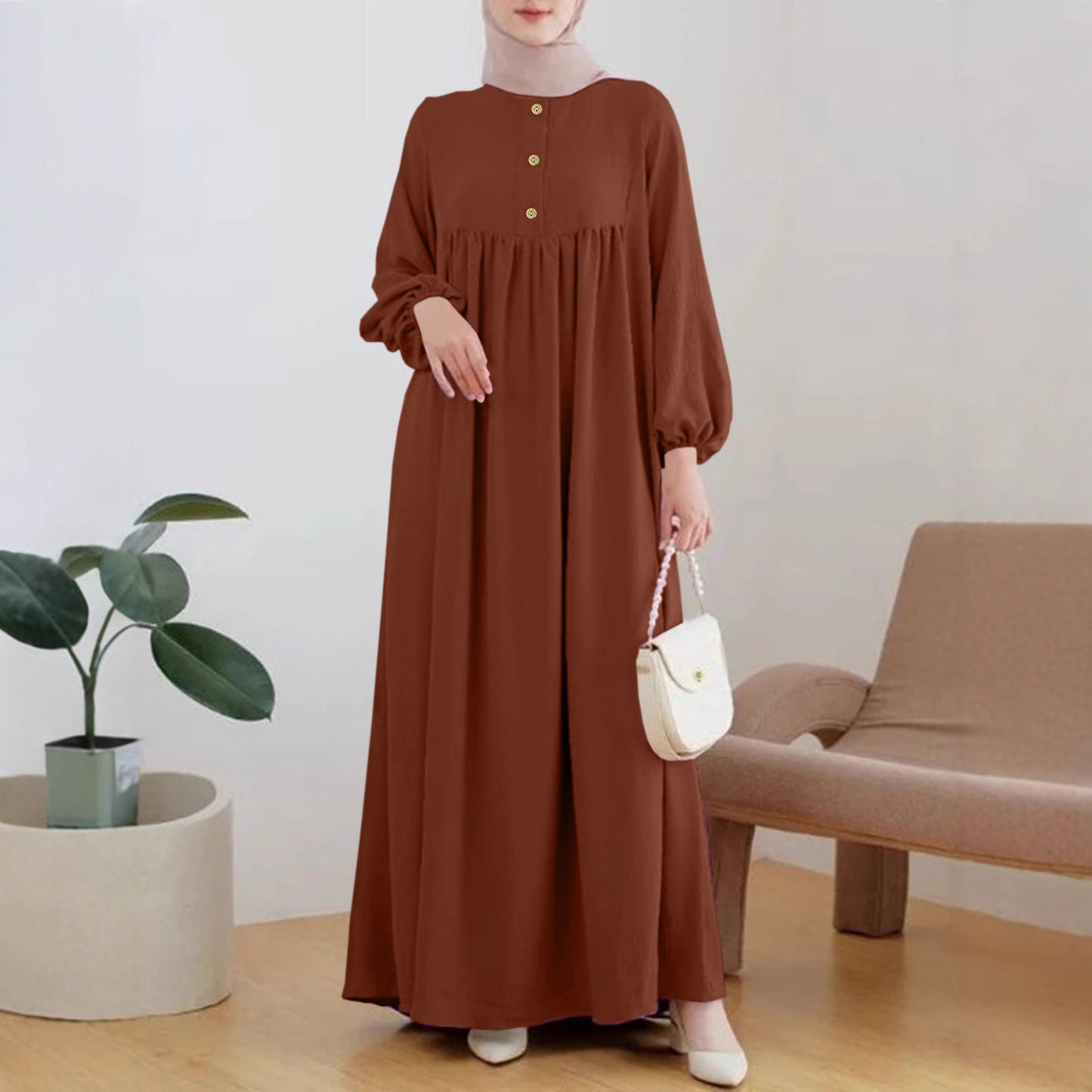 Robe maxi légère pour femme avec boutonnage confortable et élégantes manches bouffantes Chic und Stil