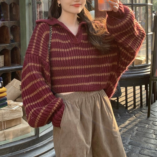 Pull en tricot pour femmes avec col décontracté et rayures attrayantes Chic und Stil