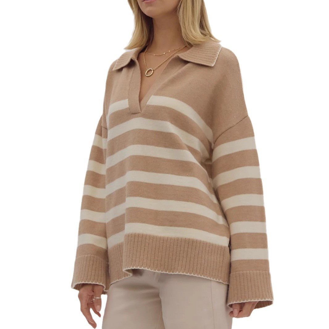 Pulls en tricot douillets pour femmes avec un motif rayé moderne et un décolleté en V Chic und Stil