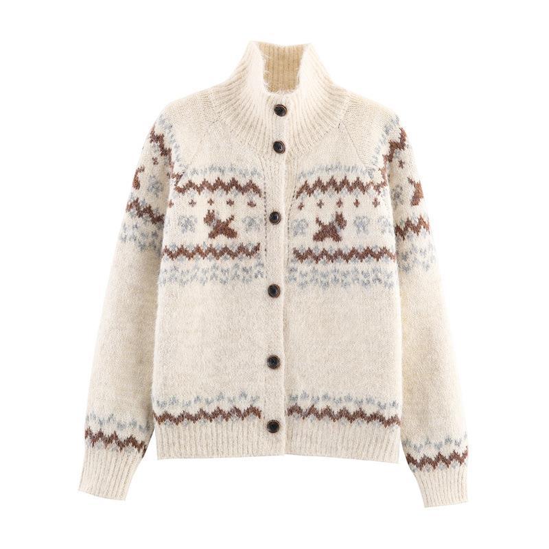 Knit jacket for women with Nordic pattern and high collar Chic und Stil