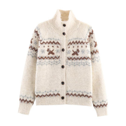 Knit jacket for women with Nordic pattern and high collar Chic und Stil