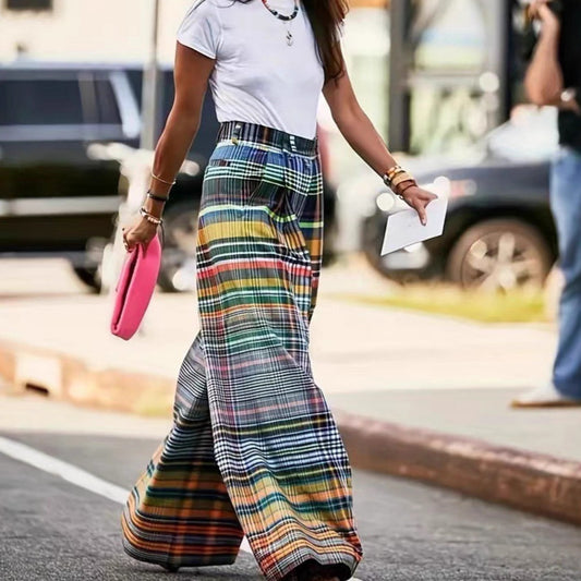 Pantalon à carreaux large pour femmes avec taille élastique et structure tissée solide Chic und Stil