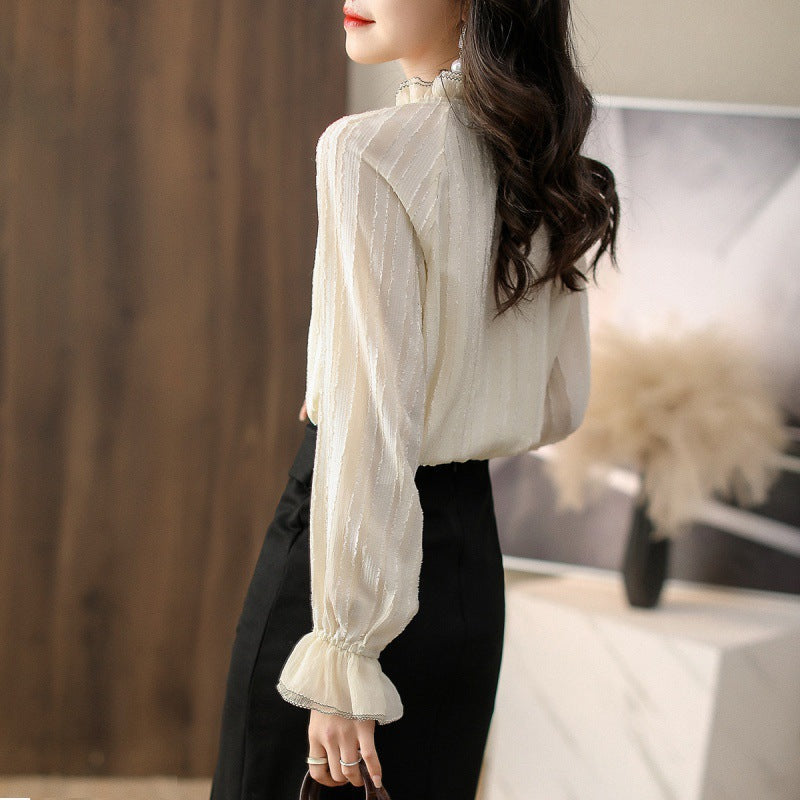 Blouse à col montant froncé pour femmes avec détails de manches transparentes Chic und Stil