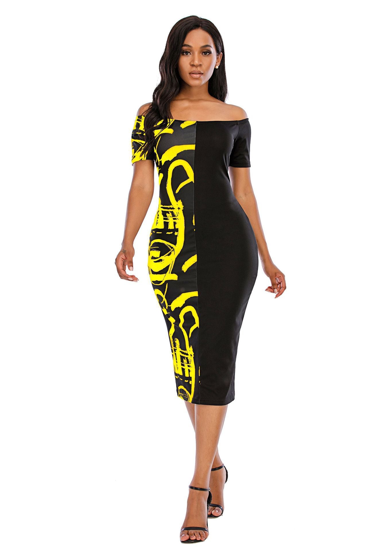 Femme Robe midi élégante à épaules dénudées avec impression graphique et silhouette cintrée Chic und Stil