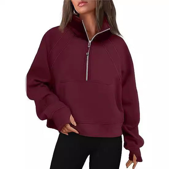 Dames pull-over mi-zip moelleux avec capuche et poche kangourou Chic und Stil