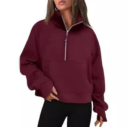 Dames pull-over mi-zip moelleux avec capuche et poche kangourou Chic und Stil