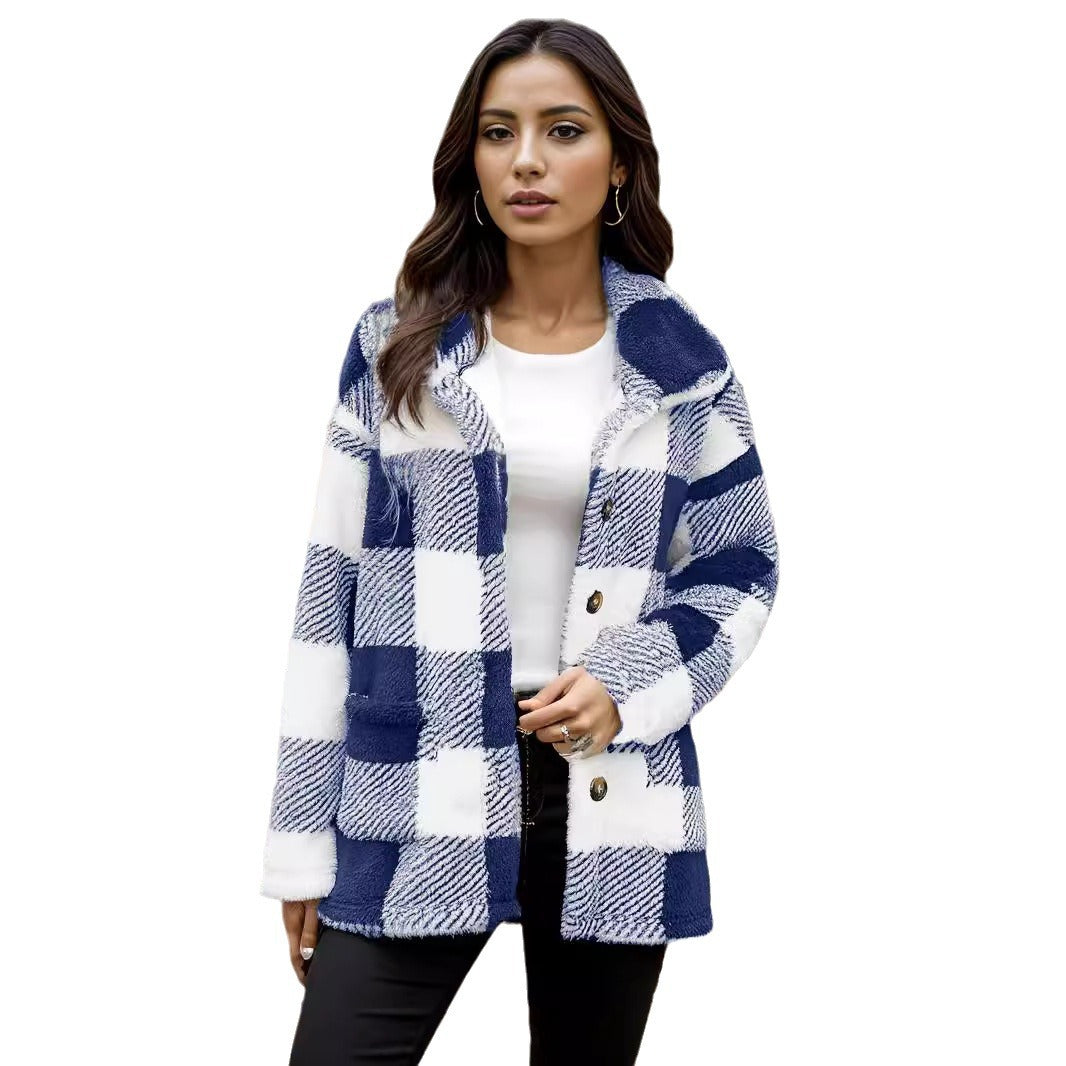 Ladies Kawaii Clothing Checkered Jacket with Snap Closure and Side Pockets Chic and Style