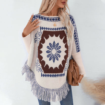 Dames élégant poncho en tricot avec motif artistique et finition à franges Chic und Stil