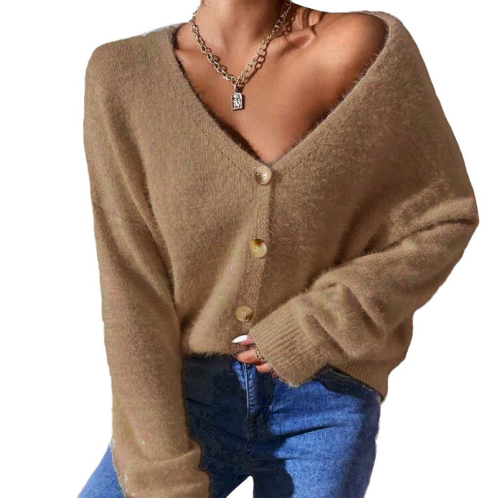 Dames cardigan en tricot pelucheux avec boutons dorés et coupe décontractée Chic und Stil