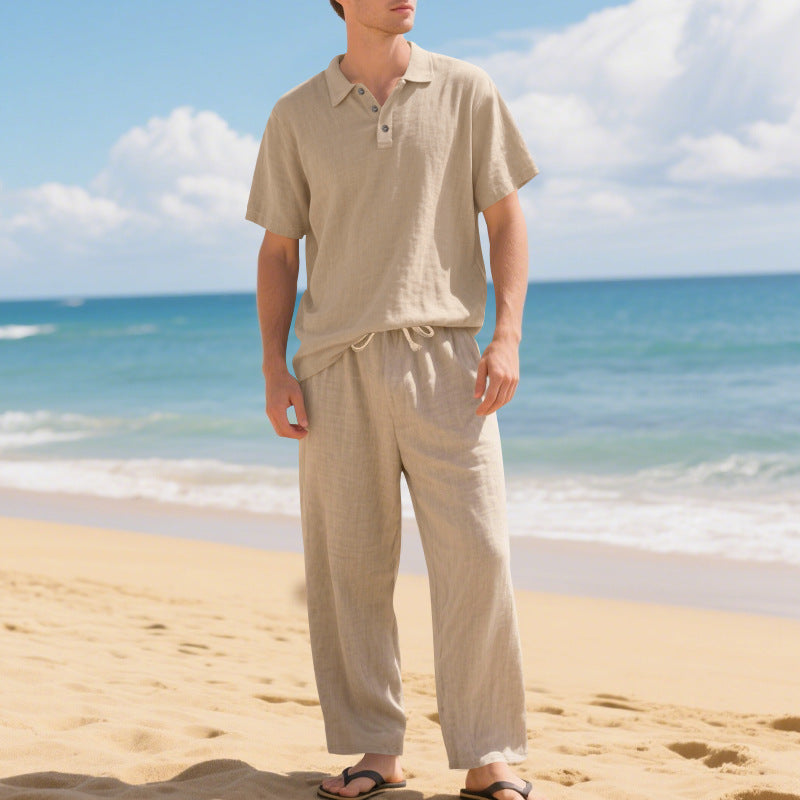 Tenue d'été décontractée pour hommes avec polo en coton de haute qualité à manches courtes et pantalons en lin confortables Chic und Stil