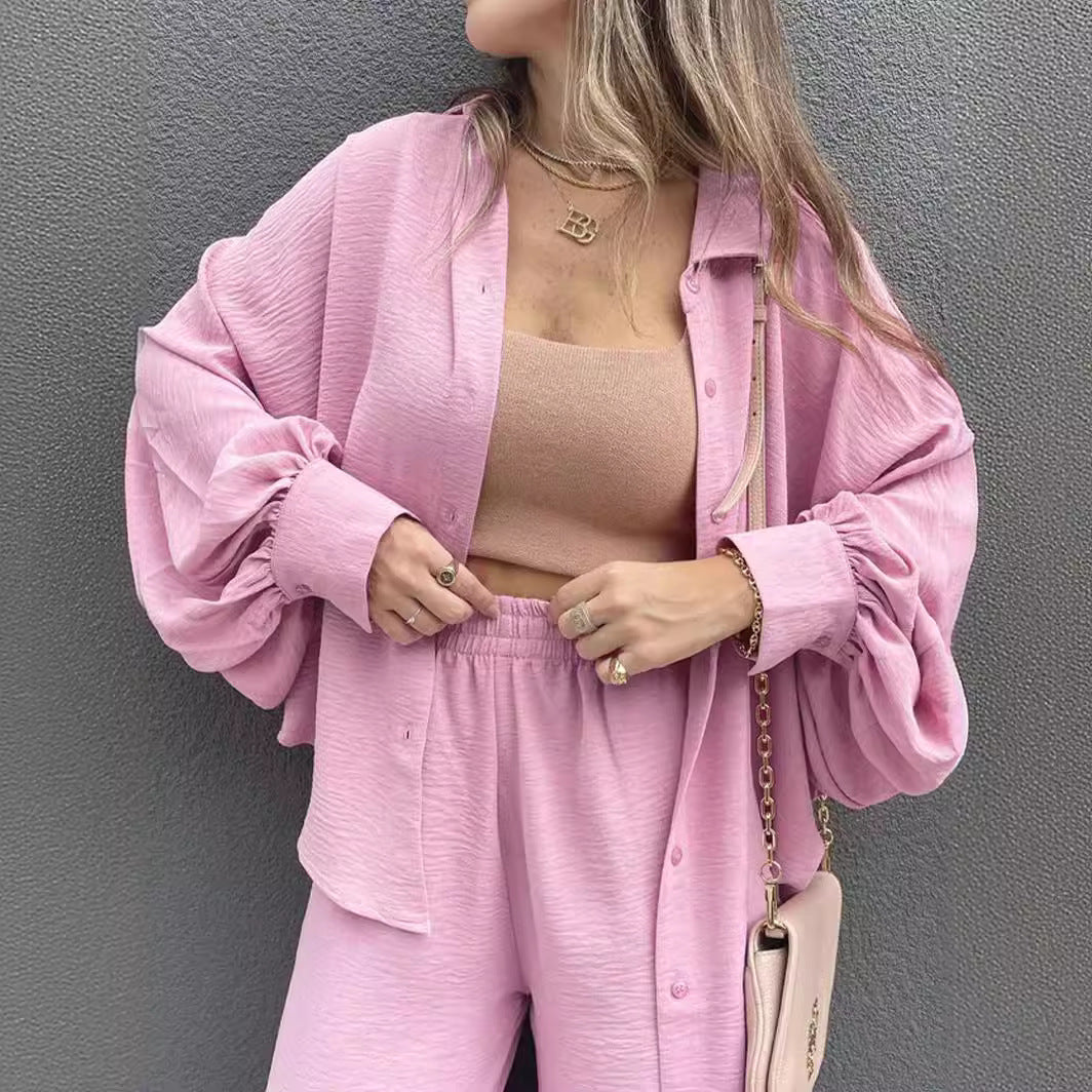 Dames Ensemble de blouse décontracté avec pantalon large et top à boutons Chic und Stil