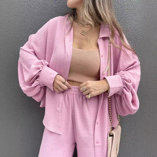 Dames Ensemble de blouse décontracté avec pantalon large et top à boutons Chic und Stil