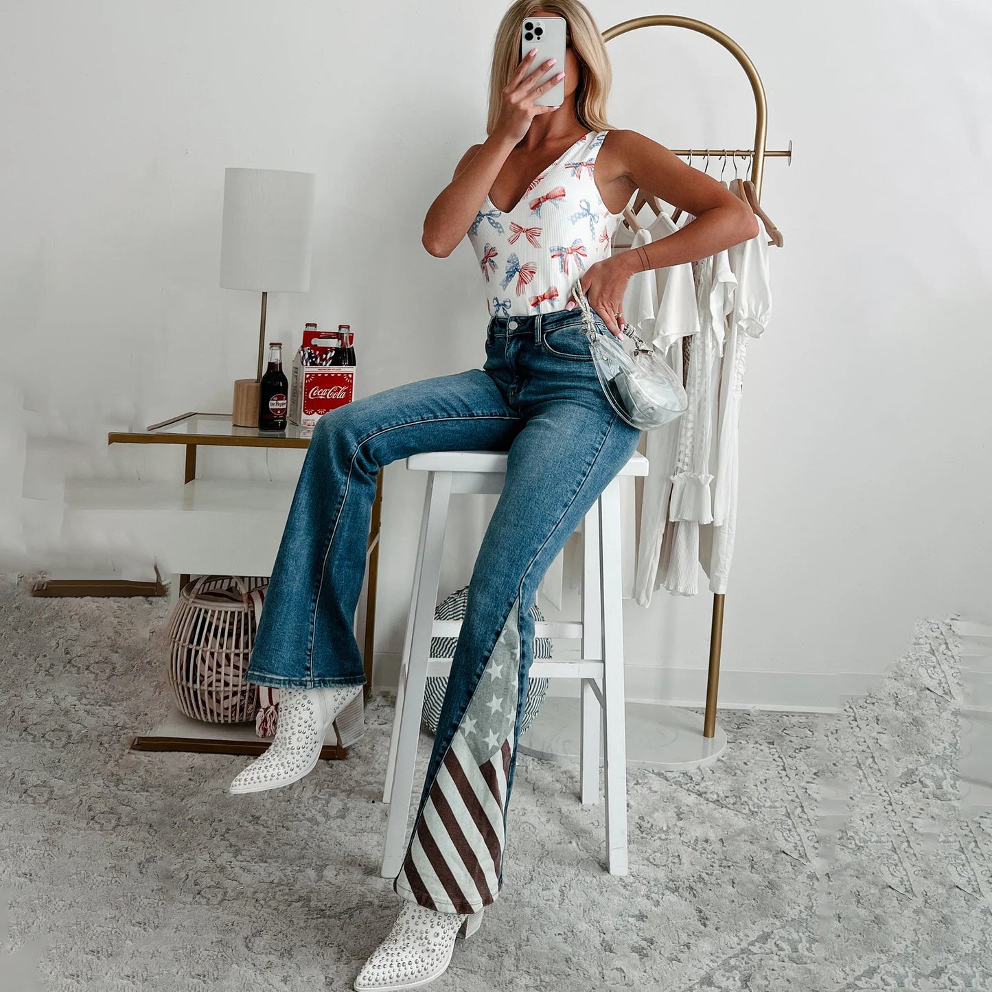 Dames Bootcut Jeans avec design de drapeau américain Chic und Stil