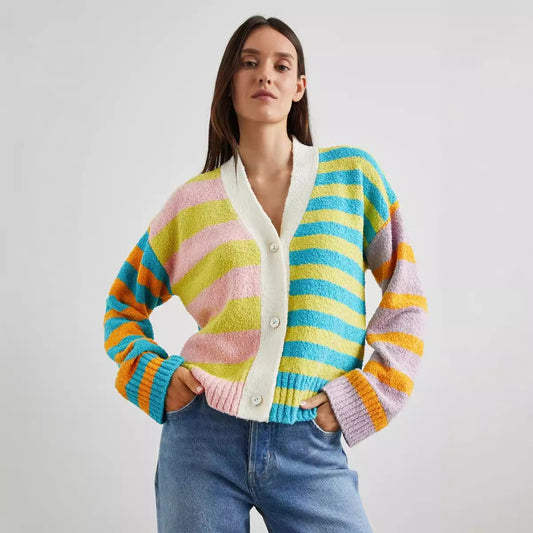 Women Striped Patterned Vest with Colorful Stripe Pattern and Chic Button Details