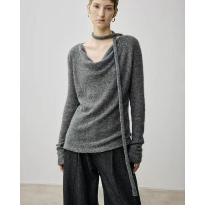 Dames Haut en tricot élégant avec décolleté ouvert et lien Chic und Stil