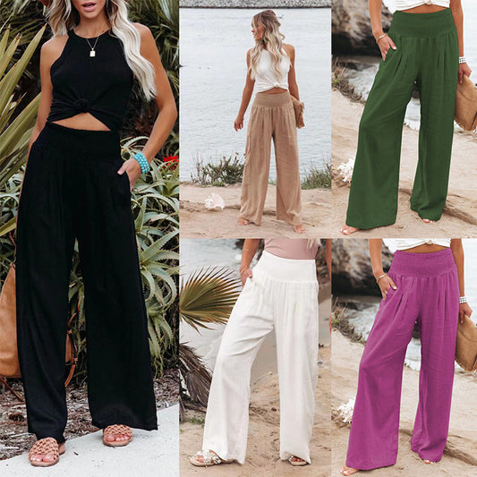 Pantalon d'été pour femmes, coupe large, avec taille élastique et détails de resserrement Chic und Stil