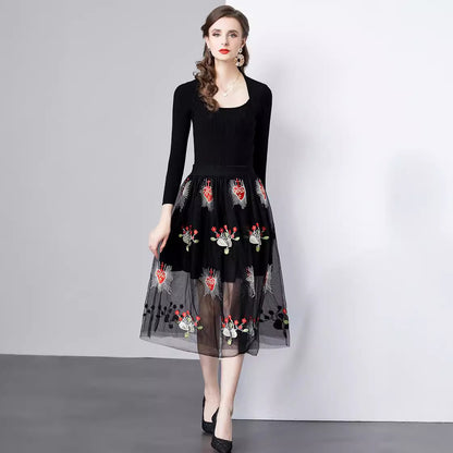 Dames Élégante Robe Midi Brodée Chic und Stil