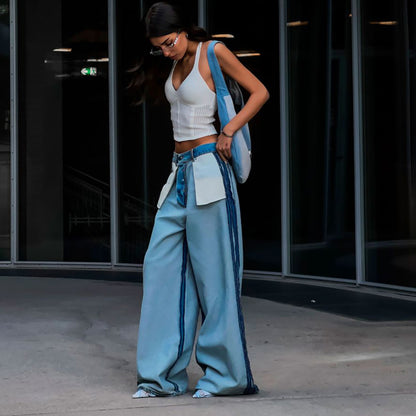 Ladies Wide Denim Pants with Contrasting Inserts Chic and Style