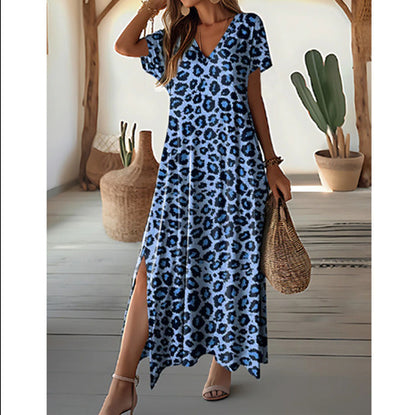 Robe maxi pour femmes au motif léopard moderne avec fentes latérales et décolleté en V Chic und Stil