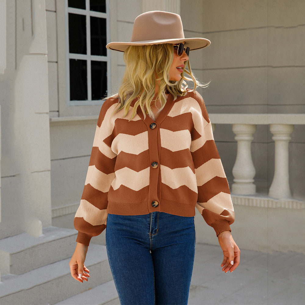 Dames cardigan en tricot à motifs avec décolleté en V et grands boutons Chic und Stil