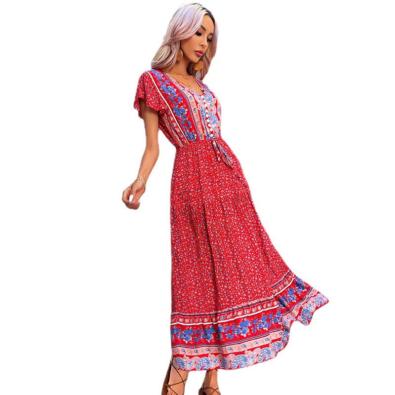 Femme Bohémien Floral Robe Midi Enveloppe Chic und Stil
