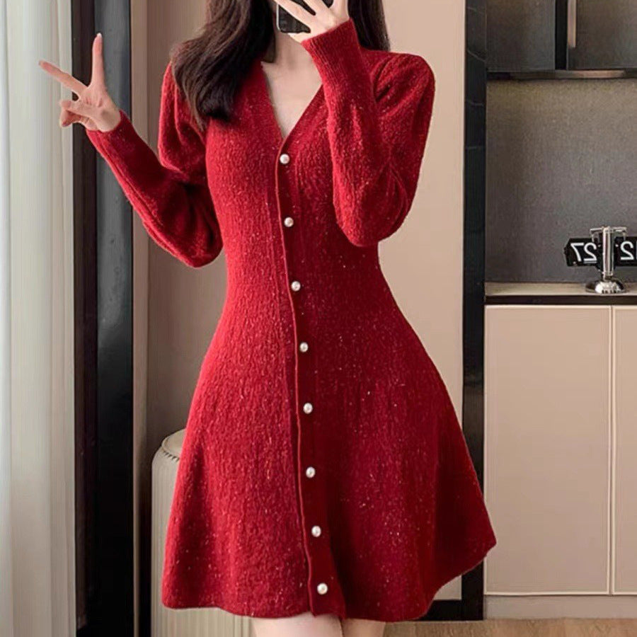 Robe en tricot pour femmes avec patte de boutonnage et manches de style ballet Chic und Stil