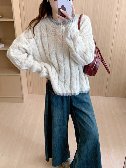 Dames grosse tricot pull avec motif en torsades et encolure ronde Chic und Stil