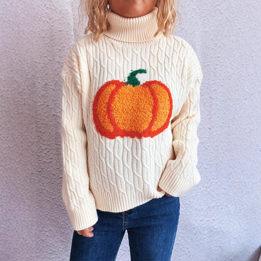 Pull en tricot pour femmes avec col roulé et design joyeux de citrouille Chic und Stil