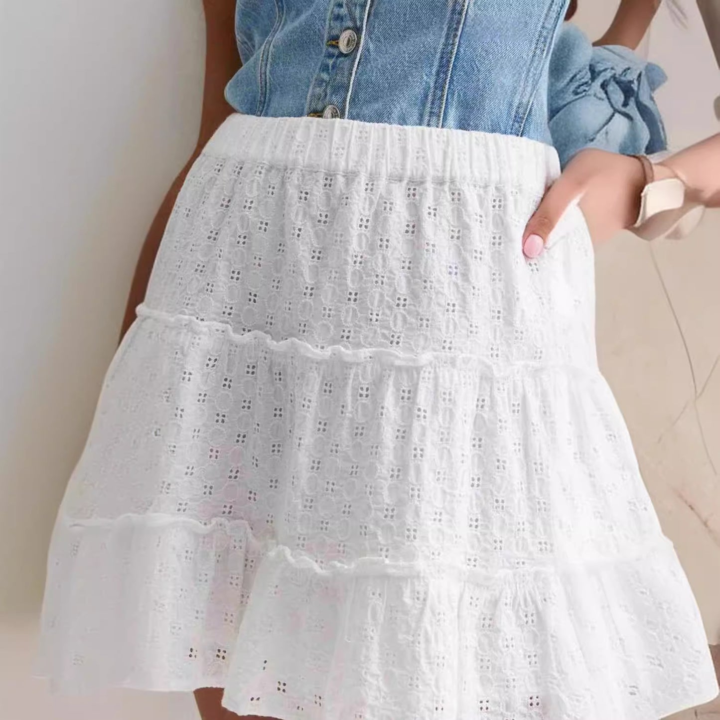 Dames Denim-Crop-Top avec chemisier romantique à volants Chic und Stil