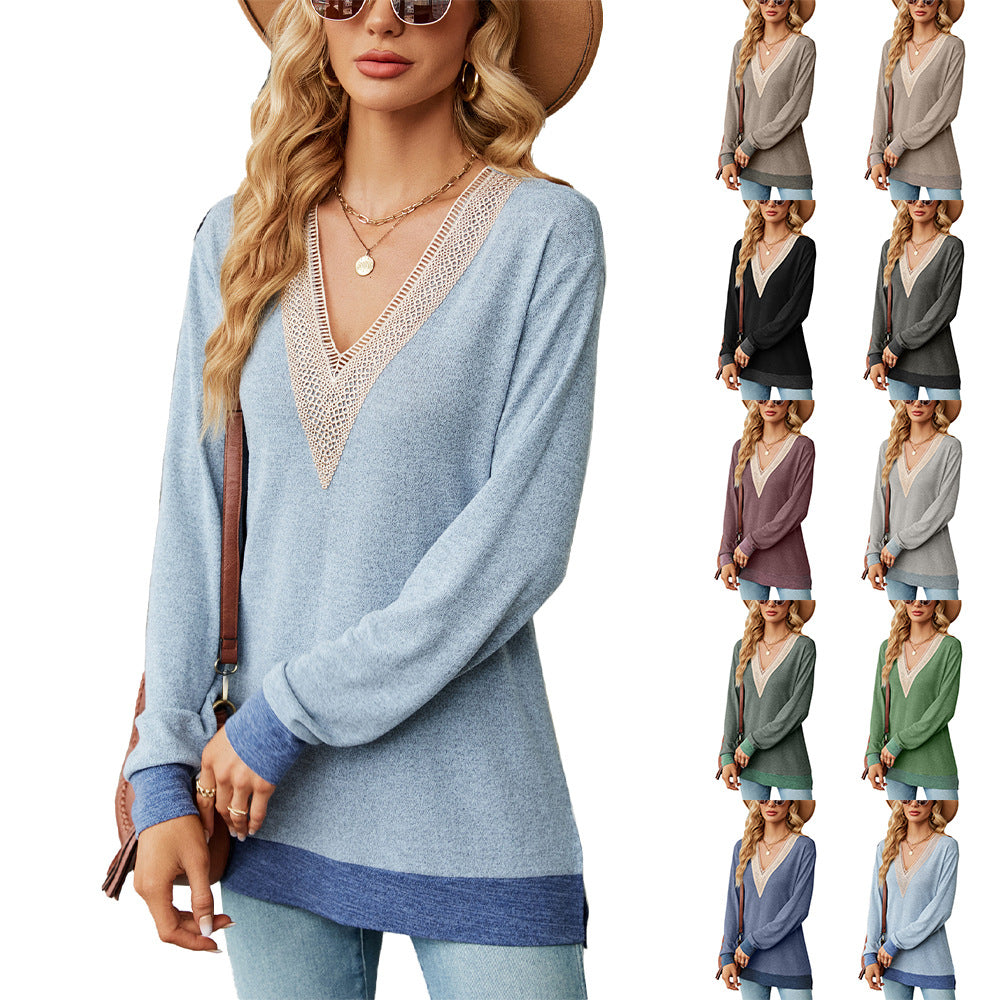 Pull en viscose pour femmes avec un décolleté en V ludique et de délicats accents en crochet Chic und Stil