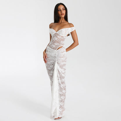 Femmes Robe maxi élégante en dentelle avec design sans épaules et détails à volants Chic und Stil