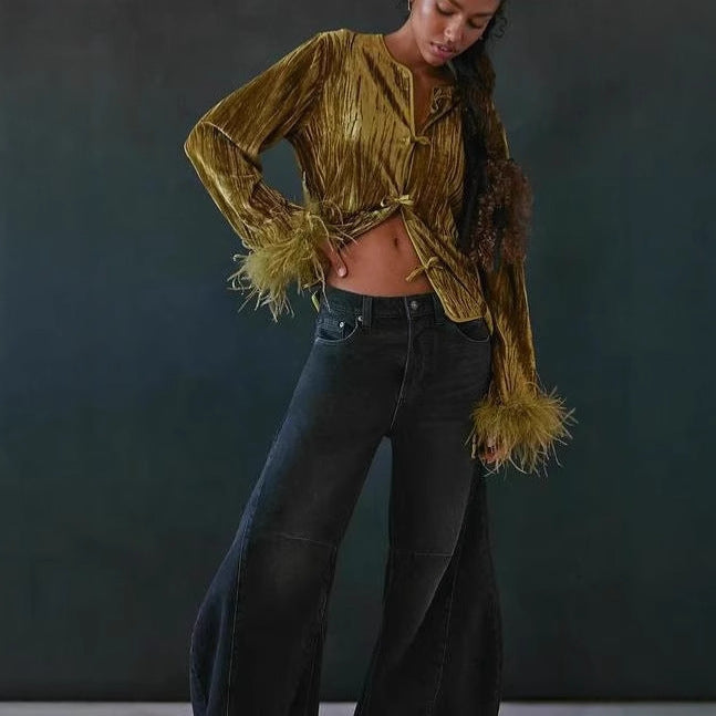 Dames élégant Veste en velours avec accents en dentelle Chic und Stil