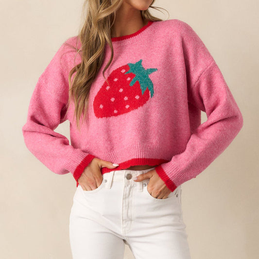 Pull tendance pour femmes avec motif fraise et poignets contrastés Chic und Stil