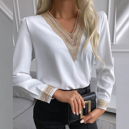 Dames Élégante Blouse à Col V avec Dentelle Décorative Chic und Stil