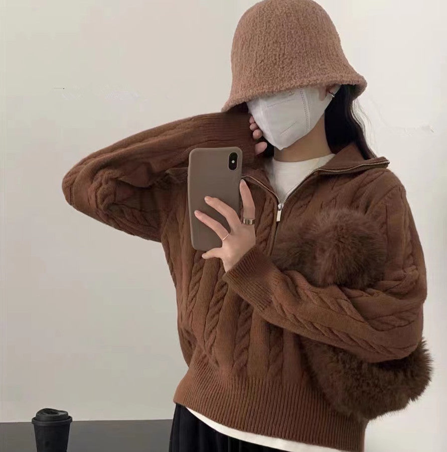 Pull en laine à tresses douillet pour femmes avec demi-fermeture éclair et larges poignets Chic und Stil