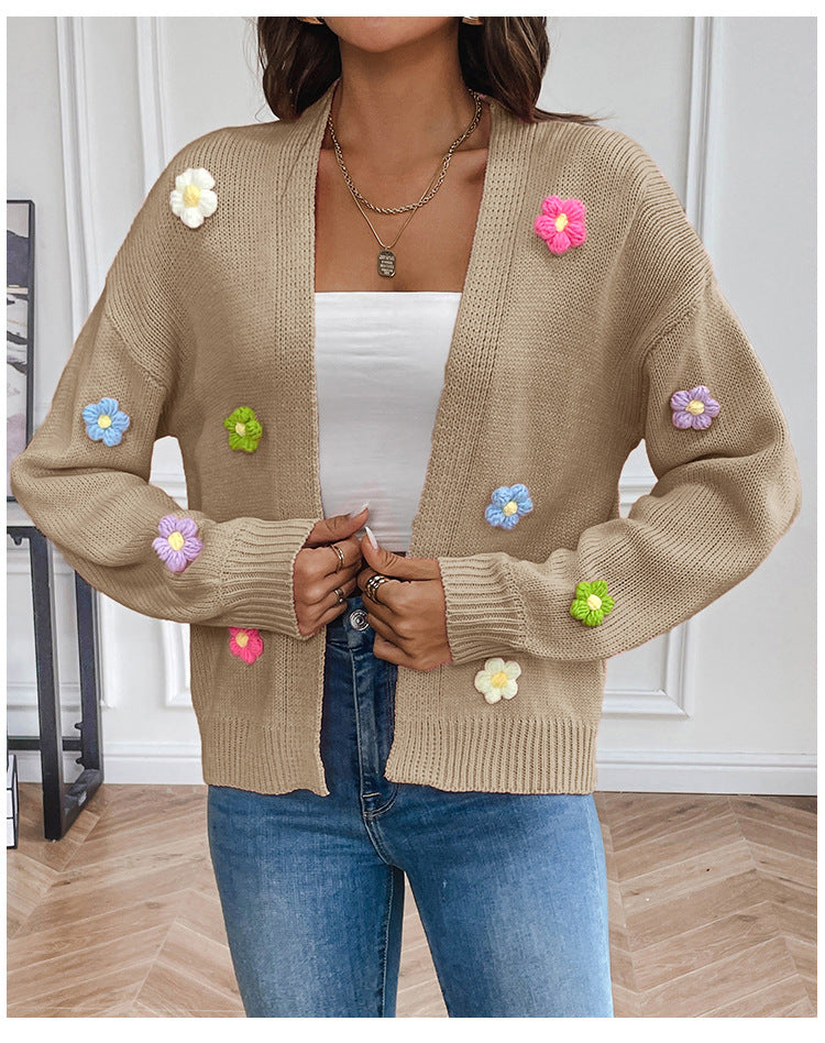 Dames cardigan en tricot décontracté avec appliqués de fleurs colorées Chic und Stil