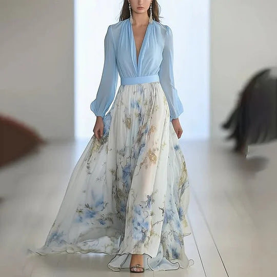 Robe maxi femme en chiffon floral avec des manches bouffantes élégantes Chic und Stil