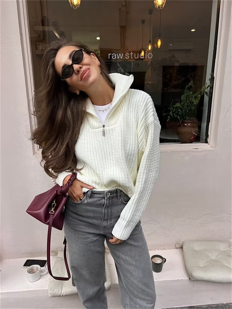 Pull femme en tricot épais avec col montant et fermeture éclair Chic und Stil