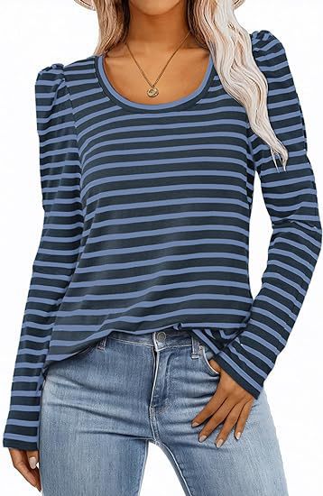 T-shirt rayé à manches longues pour femmes avec manches bouffantes Chic und Stil