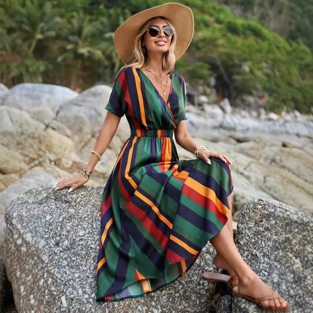 Femmes Robe Maxi Rayée Colorée Chic und Stil