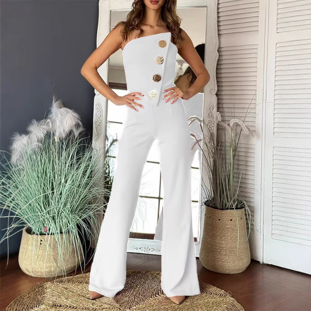 Dames Combinaison élégante avec design sans épaules et boutons décoratifs Chic und Stil