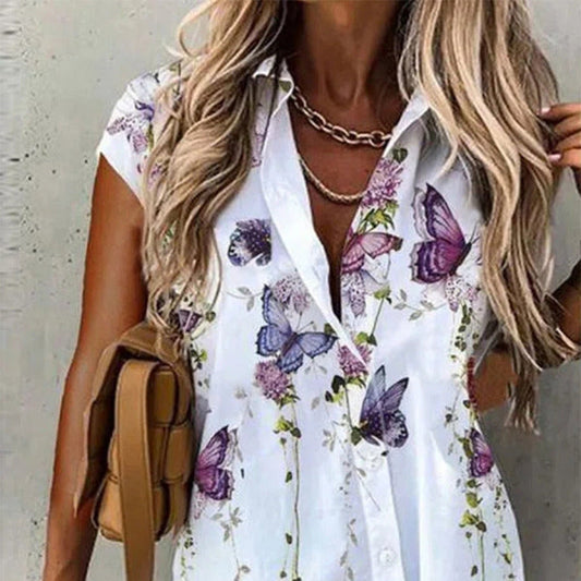 Blouse à manches courtes pour femmes avec motif floral et patte de boutonnage Chic und Stil