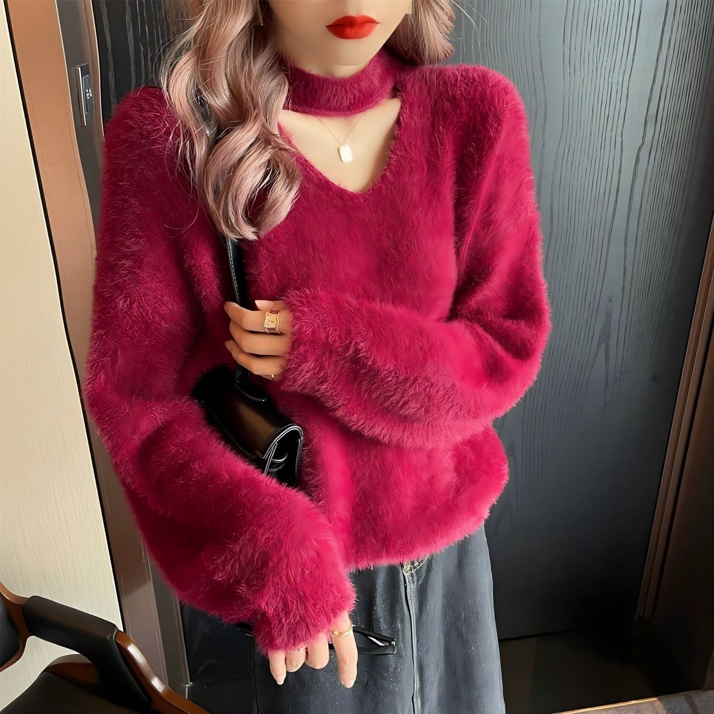 Pull en V avec col haut pour femmes douce Chic und Stil
