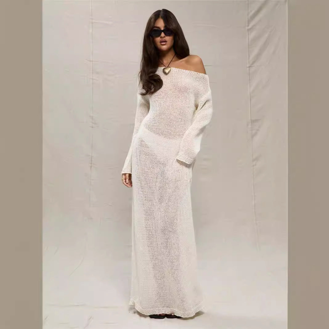 Robe maxi femme en crochet léger avec design off-shoulder Chic und Stil